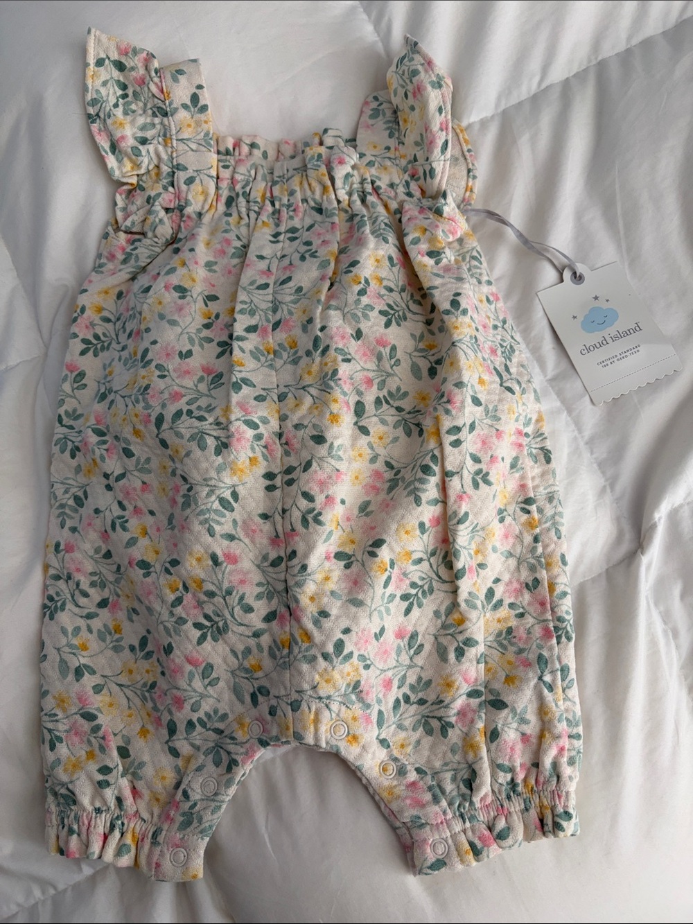 cloud island Cream Floral Cotton Romper with Pink & Yellow Blossoms